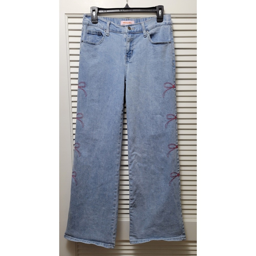 Wish You Well Light Wash Wide Leg Jeans Pink Embroidered Bows Size 9 Coquette